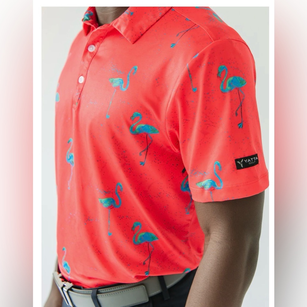 Yatta Golf bright fuchsia and teal flamingo 🦩 JUST BEACHY GOLF POLO XL